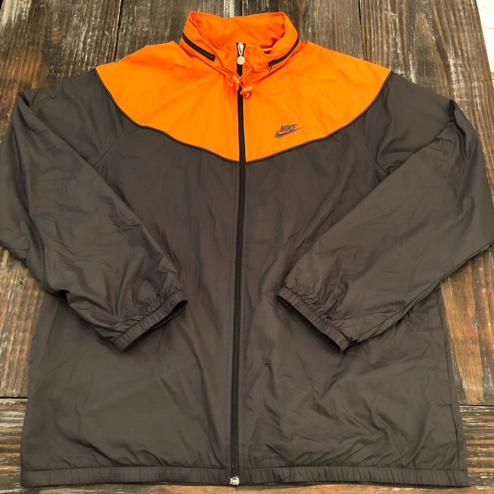 NIKE Orange Gray WindBreaker Jacket with Hood Mens Full Zip Size XL